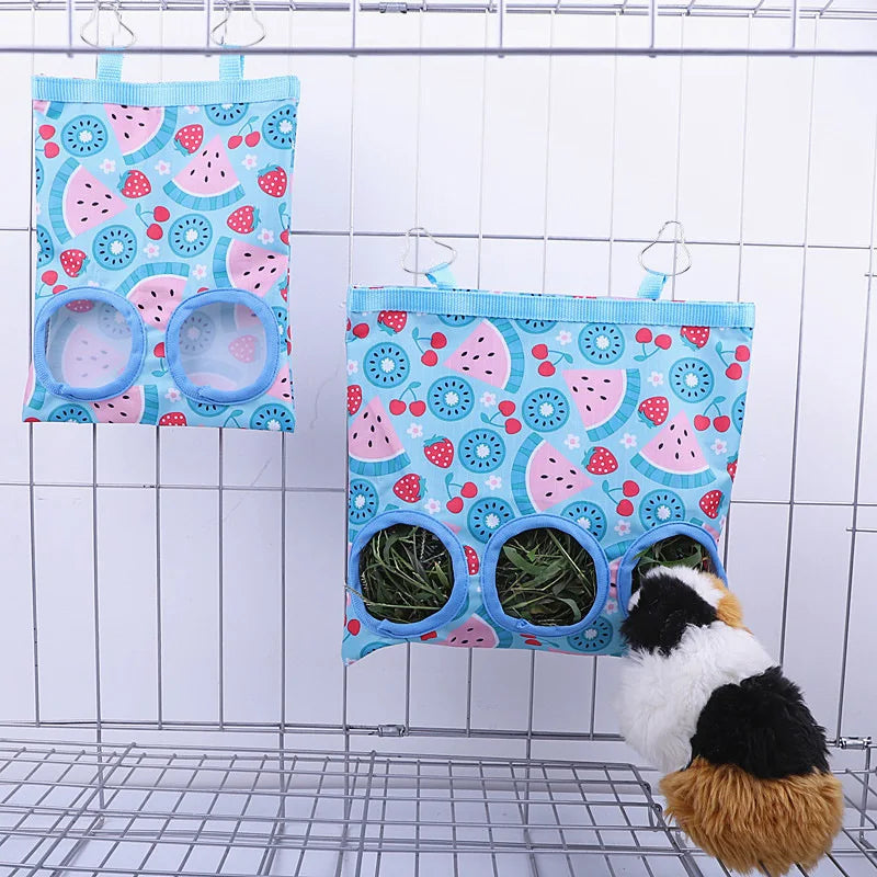 2/3 Holes Hanging Hay Bag with Hooks for Bunny Guinea Pigs Small Animal Feeder Rabbit Food Dispensers Bag Pet Feeding Bag