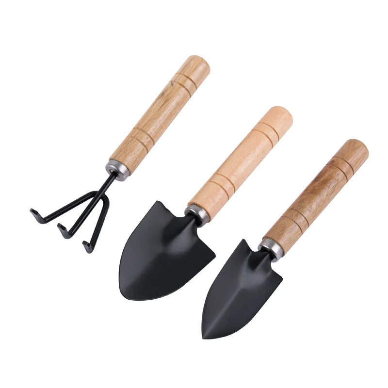 3Pcs Mini Garden Shovel Rake Spade Bonsai Tools Set Wooden Handle for Flowers Potted Plant Garden Tools Weeding Tools