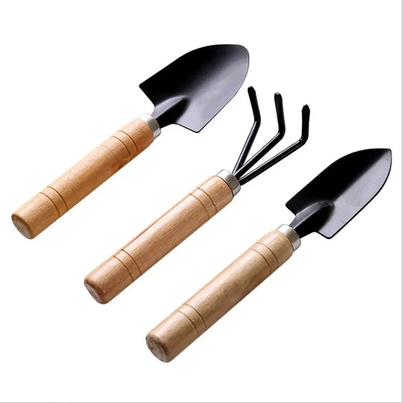 3Pcs Mini Garden Shovel Rake Spade Bonsai Tools Set Wooden Handle for Flowers Potted Plant Garden Tools Weeding Tools