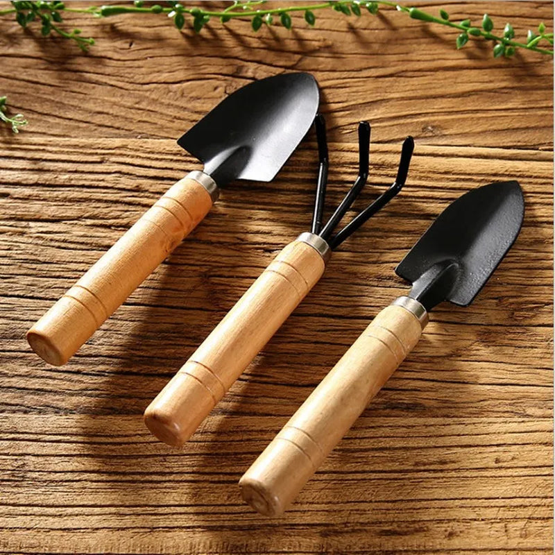 3Pcs Mini Garden Shovel Rake Spade Bonsai Tools Set Wooden Handle for Flowers Potted Plant Garden Tools Weeding Tools
