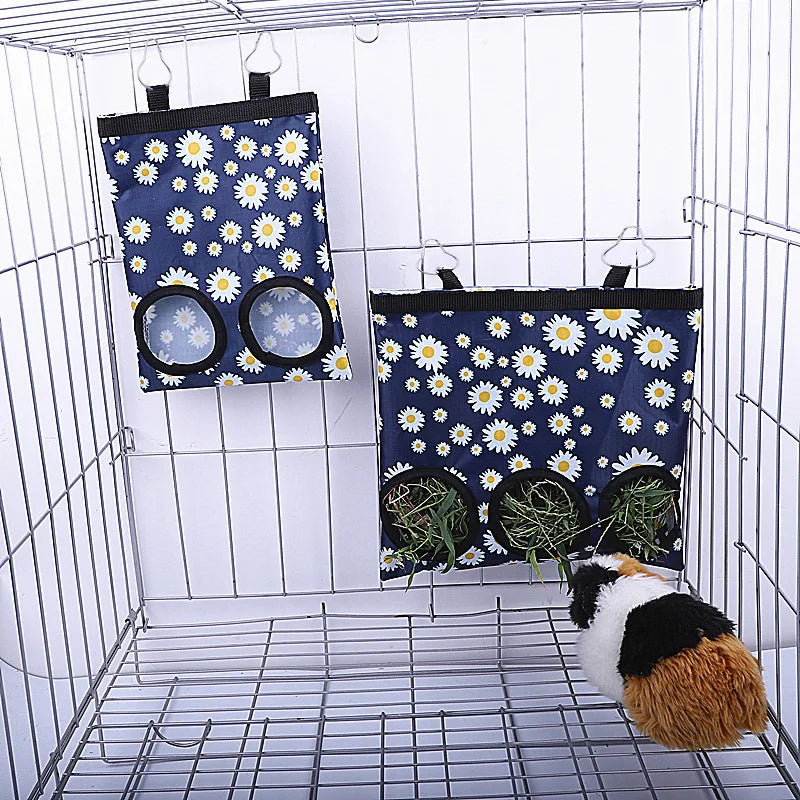 2/3 Holes Hanging Hay Bag with Hooks for Bunny Guinea Pigs Small Animal Feeder Rabbit Food Dispensers Bag Pet Feeding Bag
