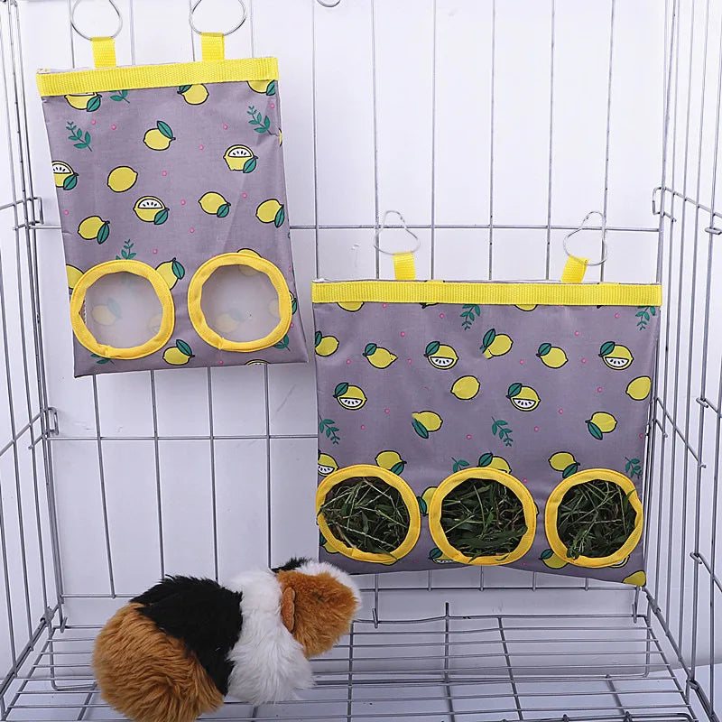 2/3 Holes Hanging Hay Bag with Hooks for Bunny Guinea Pigs Small Animal Feeder Rabbit Food Dispensers Bag Pet Feeding Bag