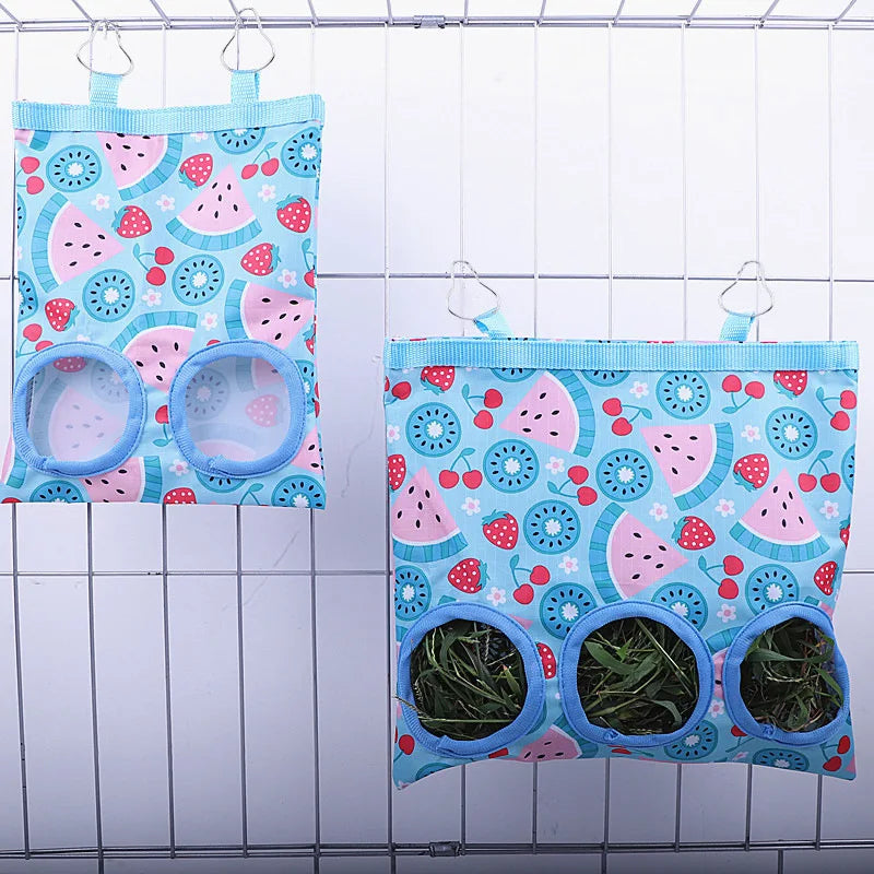 2/3 Holes Hanging Hay Bag with Hooks for Bunny Guinea Pigs Small Animal Feeder Rabbit Food Dispensers Bag Pet Feeding Bag